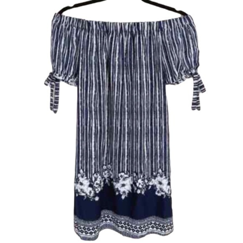 Xhilaration Blue Stripe Off Shoulder Shift Mini Pockets Dress XS